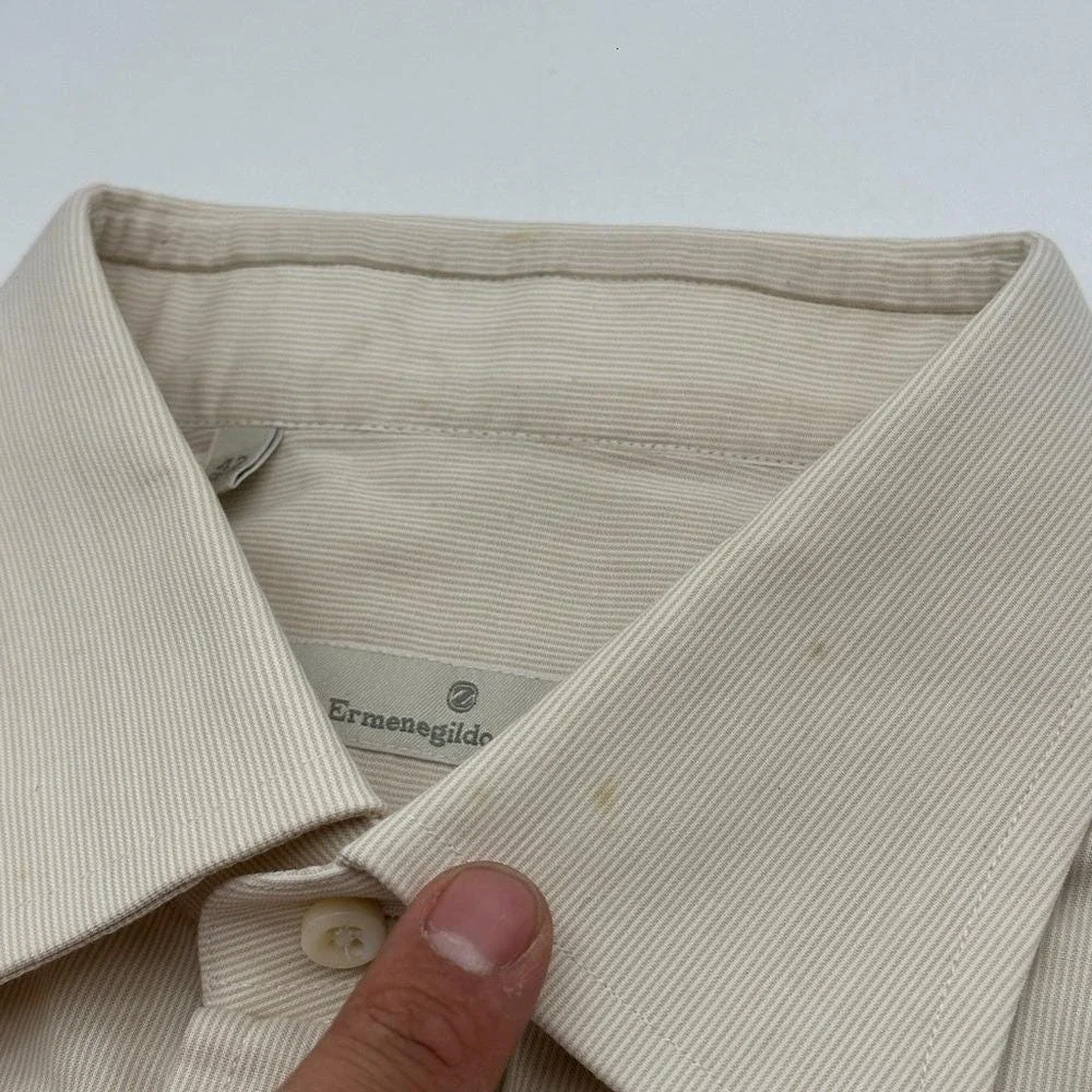 Ermenegildo Zegna Mens Beige Micro Stripe Cotton Button Down‎ Shirt Size 42 16.5
